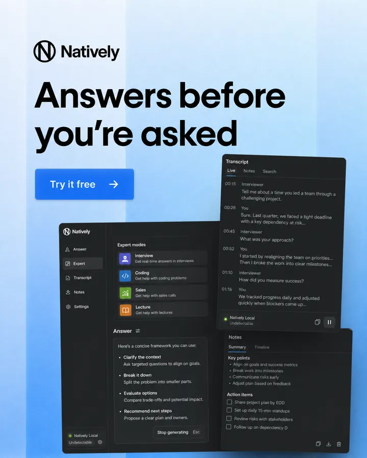 Natively poster: the app's transcript and answer panels — “Answers before you're asked.”