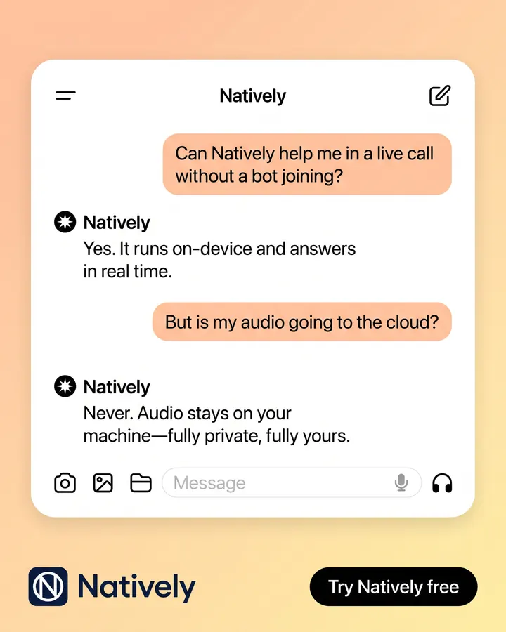 Natively poster: a chat — “Can Natively help in a live call without a bot joining?” “Yes. It runs on-device.”