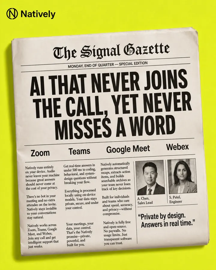 Natively poster: a newspaper front page — “AI that never joins the call, yet never misses a word.”