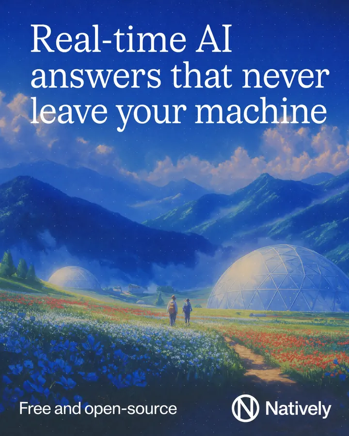 Natively poster: a painted mountain valley — “Real-time AI answers that never leave your machine. Free and open-source.”