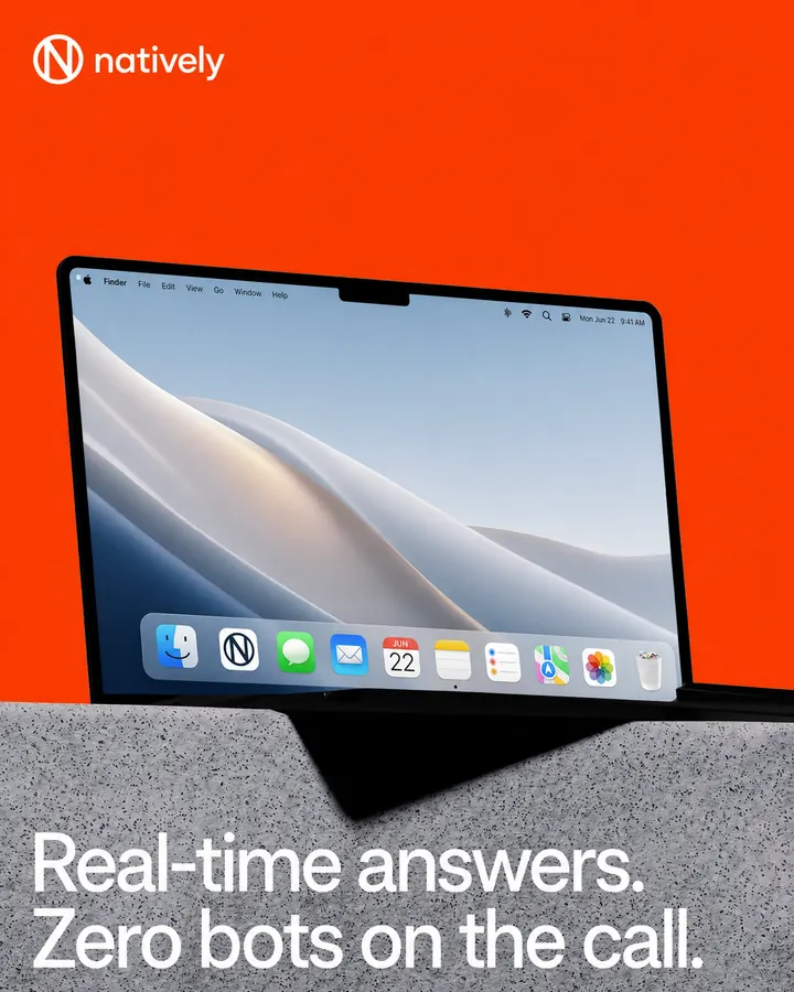 Natively poster: a laptop on an orange background — “Real-time answers. Zero bots on the call.”