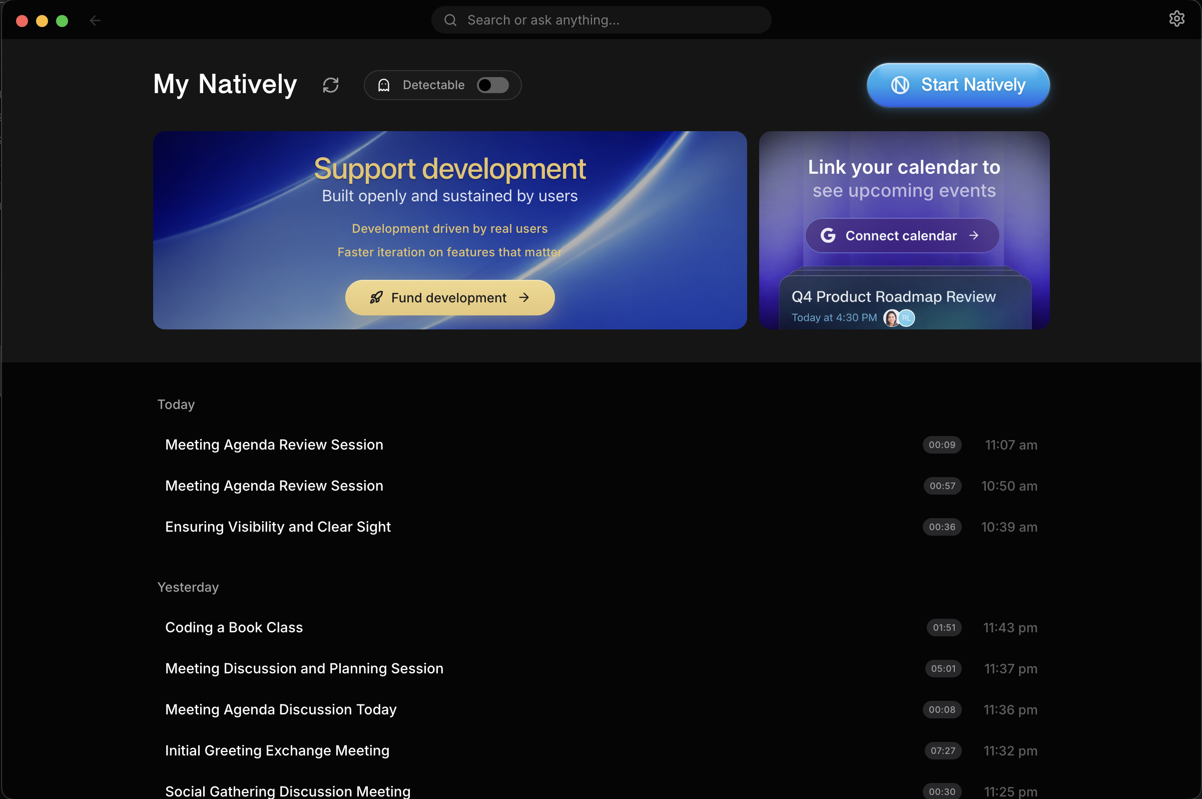 The Natively meeting dashboard on macOS: a Start Natively button, a calendar card, and the list of past meetings with their lengths and times